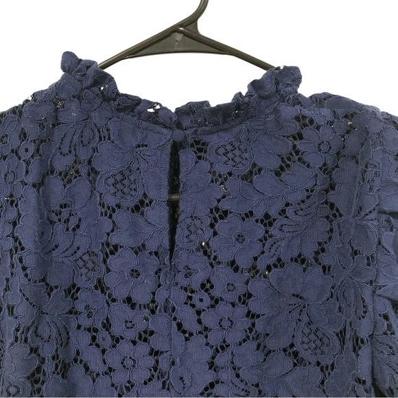 Express Women’s Size M Navy Floral Lace Blouse Mock Neck Long Sleeve Top - Picture 5 of 6